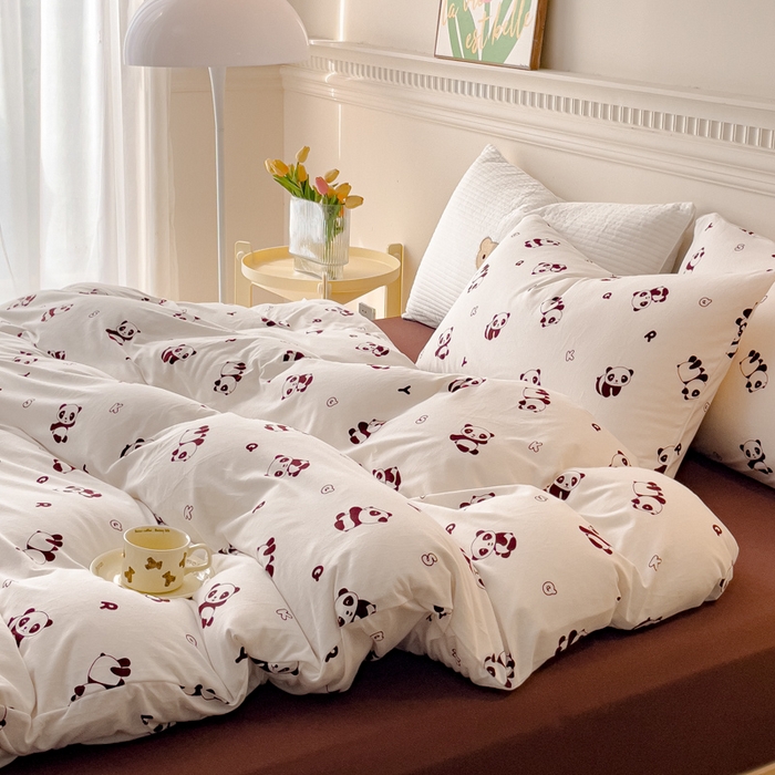 91家纺网 家纺一手货源 找家纺 伊嫚家居 新款日式新品全棉针织棉A类活性印花四件套天竺棉小碎花复古亲肤被罩床笠款套件 可爱熊猫