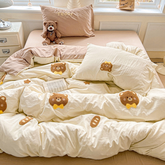 91家纺网 家纺一手货源 找家纺 海岛哥哥 2025新款云柔棉毛巾绣 四件套 毛巾绣-面包小熊