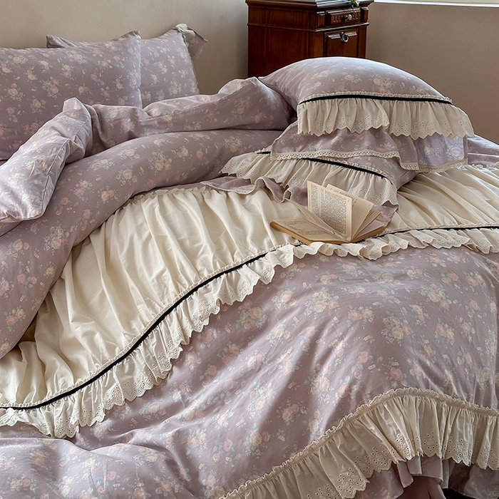 91家纺网 家纺一手货源 找家纺 婳庭家居 2025新款双层纱褶皱花边款四件套 紫萱