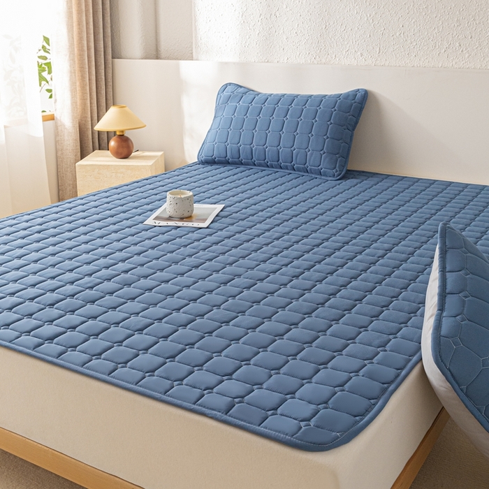 91家纺网 家纺一手货源 找家纺 欧邦 2025春夏新款四季款无印风纯色水洗棉床褥榻榻米床垫 床笠-深蓝