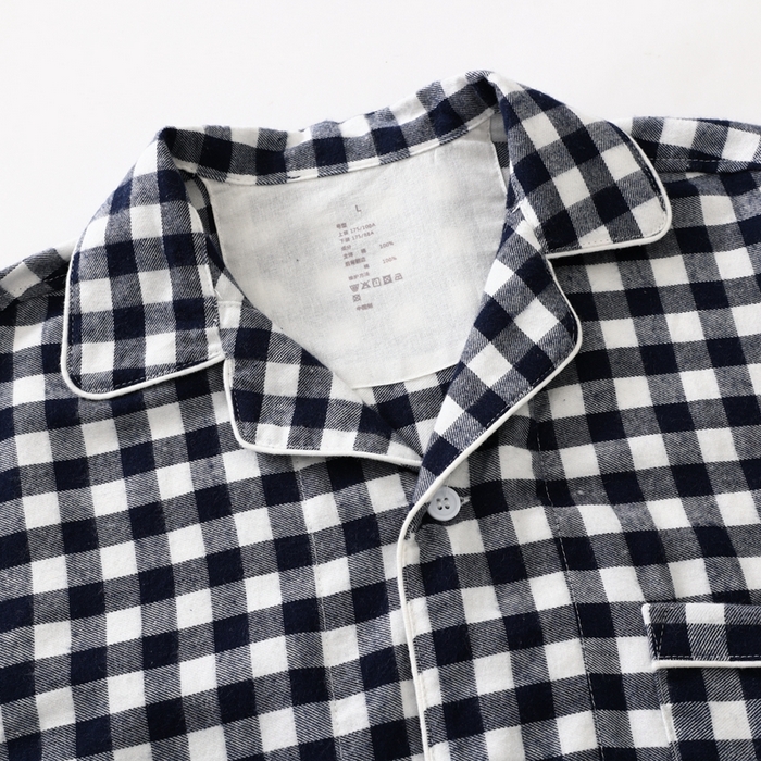 91家纺网 家纺一手货源 找家纺 伊嫚家居 2025新款无印日式双股全棉法兰绒家居服良品睡衣女纯棉直播秋冬款情侣睡衣 碳灰小格男