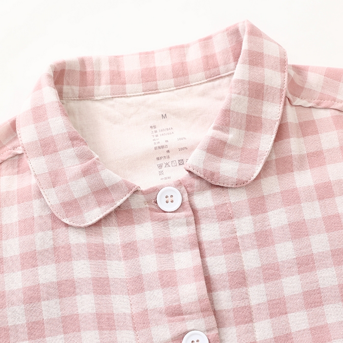 91家纺网 家纺一手货源 找家纺 伊嫚家居 2025新款日式无印风良品全棉双层纱睡衣女纯棉短袖短裤睡衣夏季纯棉短袖家居服 粉小格女