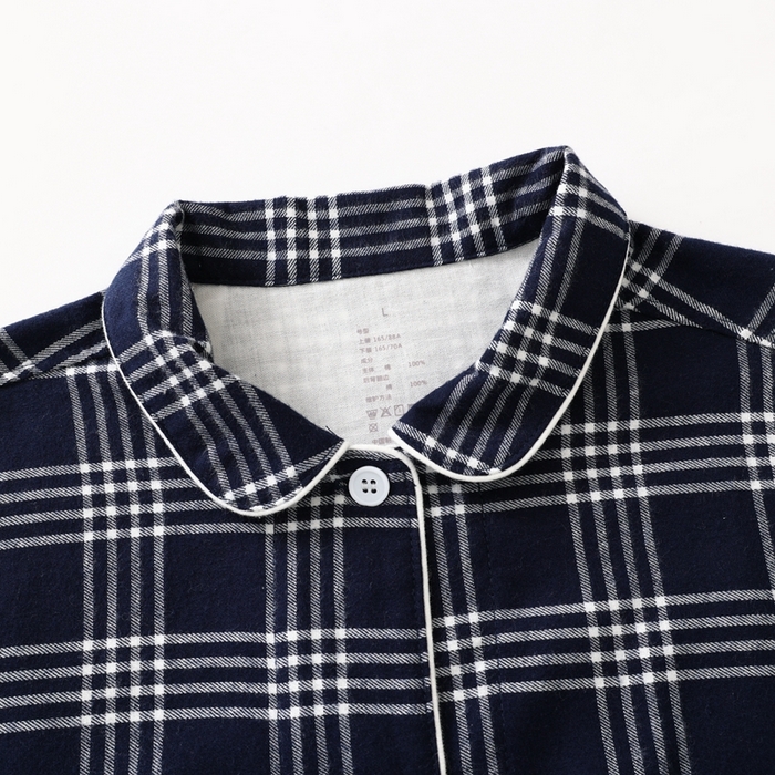 91家纺网 家纺一手货源 找家纺 伊嫚家居 2025新款无印日式双股全棉法兰绒家居服良品睡衣女纯棉直播秋冬款情侣睡衣 藏青色大格男