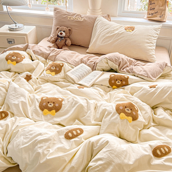 91家纺网 家纺一手货源 找家纺 海岛哥哥 2025新款云柔棉毛巾绣 四件套 毛巾绣-面包小熊