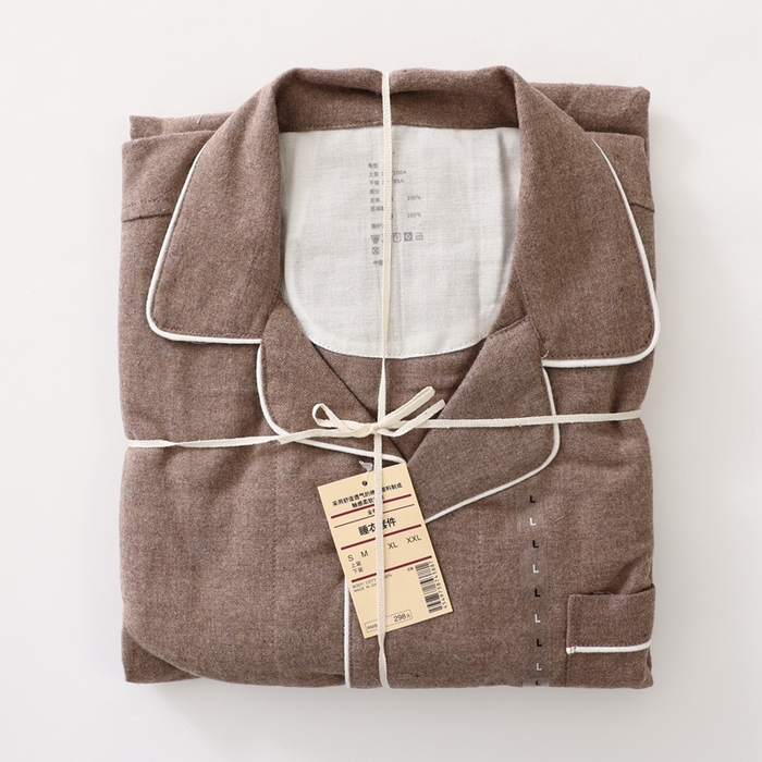 91家纺网 家纺一手货源 找家纺 伊嫚家居 2025新款无印日式双股全棉法兰绒家居服良品睡衣女纯棉直播秋冬款情侣睡衣 纯棕色男