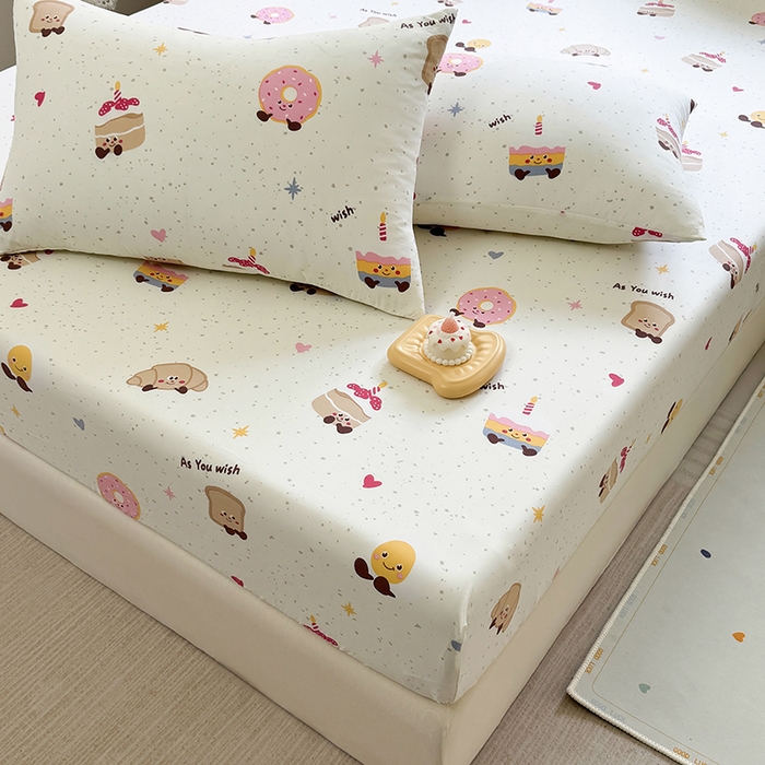 91家纺网 家纺一手货源 找家纺 十一家居 2025新款ins韩系卡通印花亲肤水洗棉床笠 面包甜甜圈