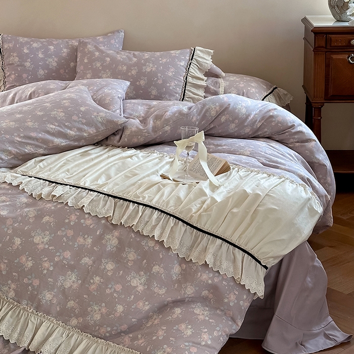 91家纺网 家纺一手货源 找家纺 婳庭家居 2025新款双层纱褶皱花边款四件套 紫萱