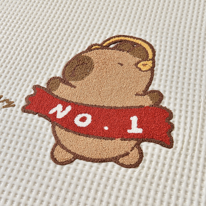 91家纺网 家纺一手货源 找家纺 炫拼  2025新款A类凉豆豆华夫格卡通绣花床笠款三件套 快乐的卡皮