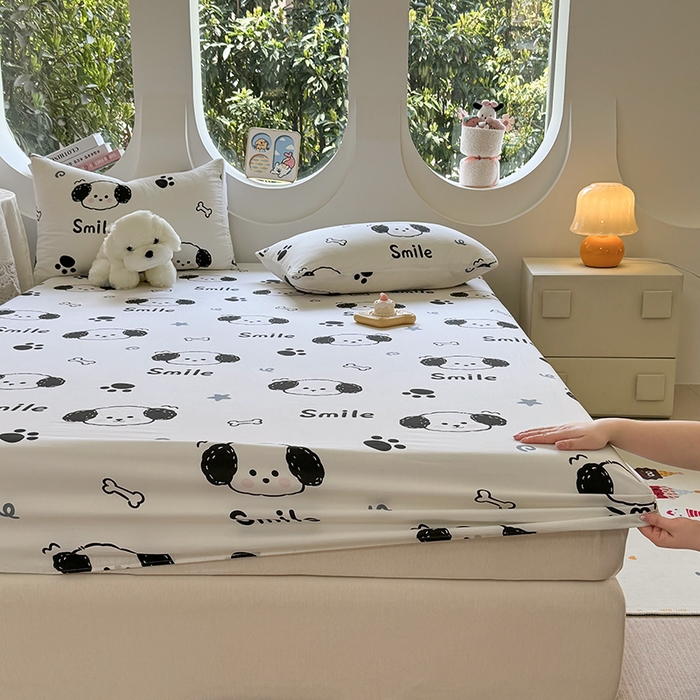 91家纺网 家纺一手货源 找家纺 十一家居 2025新款ins韩系卡通印花亲肤水洗棉床笠 微笑狗狗