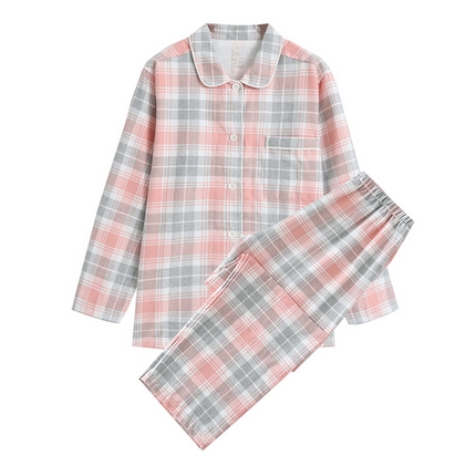 伊嫚家居 2025新款无印日式双股全棉法兰绒家居服良品睡衣女纯棉直播秋冬款情侣睡衣 玫瑰粉格女