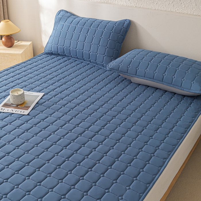 91家纺网 家纺一手货源 找家纺 欧邦 2025春夏新款四季款无印风纯色水洗棉床褥榻榻米床垫 床笠-深蓝