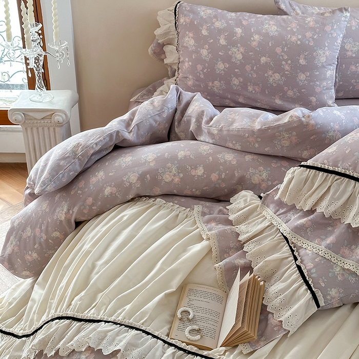 91家纺网 家纺一手货源 找家纺 婳庭家居 2025新款双层纱褶皱花边款四件套 紫萱