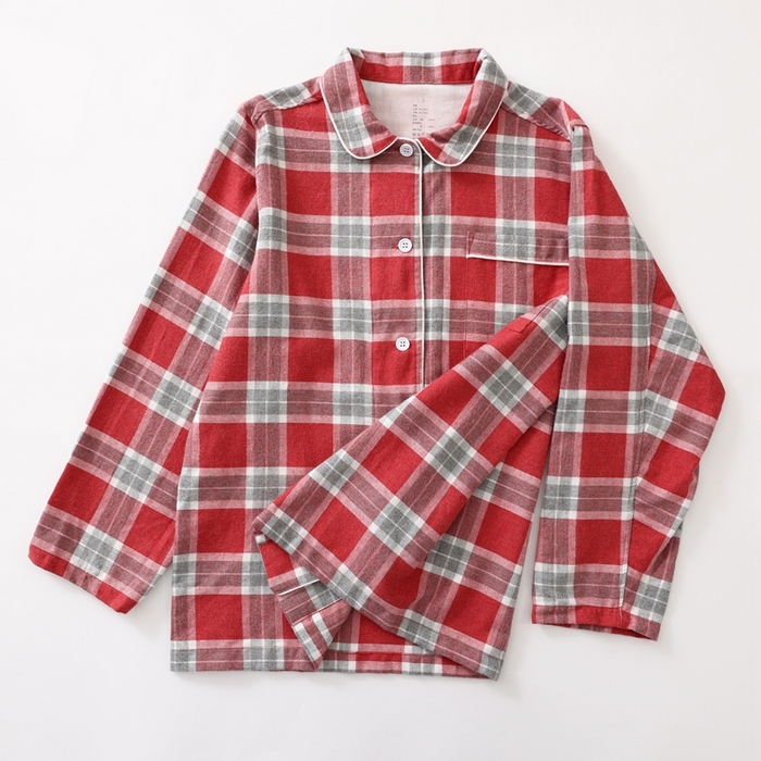 91家纺网 家纺一手货源 找家纺 伊嫚家居 2025新款无印日式双股全棉法兰绒家居服良品睡衣女纯棉直播秋冬款情侣睡衣 灰红色