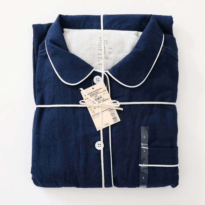 91家纺网 家纺一手货源 找家纺 伊嫚家居 2025新款无印日式双股全棉法兰绒家居服良品睡衣女纯棉直播秋冬款情侣睡衣 纯藏青色男