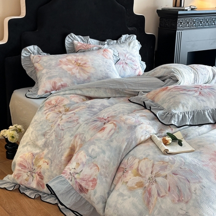 91家纺网 家纺一手货源 找家纺 （总）索飞特家纺 2025新款全棉纯棉双层法式皱皱纱数码印花四件套