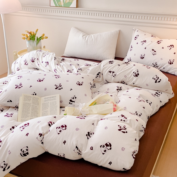 91家纺网 家纺一手货源 找家纺 伊嫚家居 新款日式新品全棉针织棉A类活性印花四件套天竺棉小碎花复古亲肤被罩床笠款套件 可爱熊猫