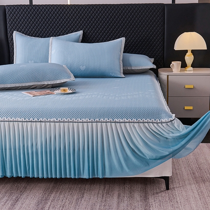 尚品凤凰2025新款凉感床裙渐变色豆豆席床裙凉席直角席 凉席席子 爱心床裙  蓝色