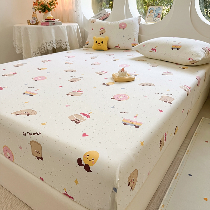 91家纺网 家纺一手货源 找家纺 十一家居 2025新款ins韩系卡通印花亲肤水洗棉床笠 面包甜甜圈