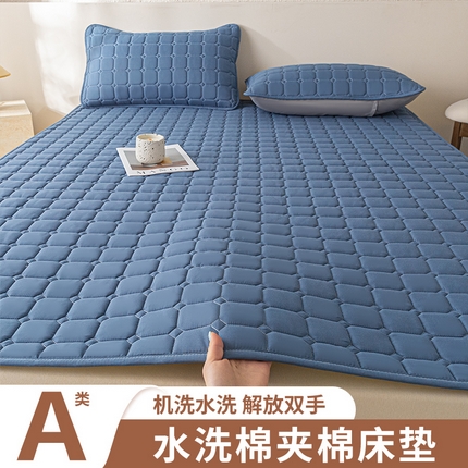 欧邦 2025春夏新款四季款无印风纯色水洗棉床褥榻榻米床垫 床笠-深蓝