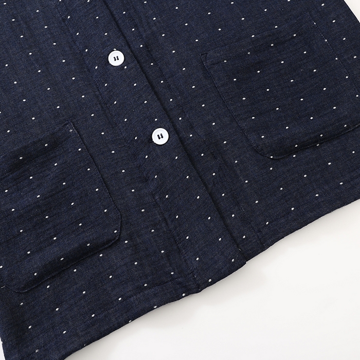 91家纺网 家纺一手货源 找家纺 伊嫚家居 2025新款日式无印风良品全棉双层纱睡衣女纯棉短袖短裤睡衣夏季纯棉短袖家居服 藏青波点男