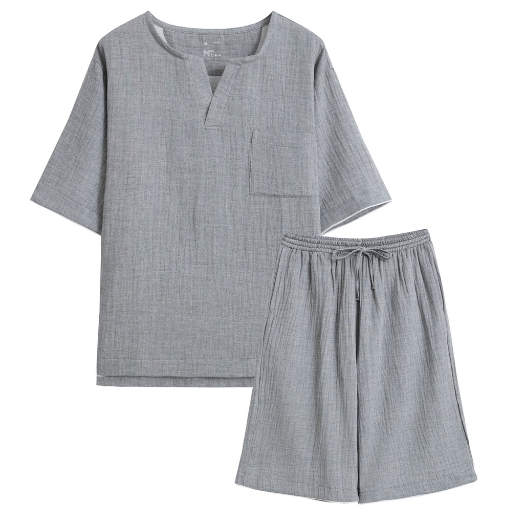 91家纺网 家纺一手货源 找家纺 伊嫚家居日式无印风良品全棉双层纱睡衣男纯棉短袖睡衣夏季皱纱短裤家居服 男深灰色短袖短裤