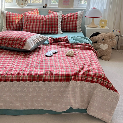 妖妖家纺 2025复古蕾丝公主糯糯夏凉被四件套 丝绒红茶