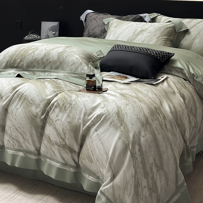 91家纺网 家纺一手货源 找家纺  2025新款夏季A类母婴级天丝棉印花四件套纯棉全棉高端数码印花丝滑裸睡长绒棉被套真丝床上用品 布里奇-绿