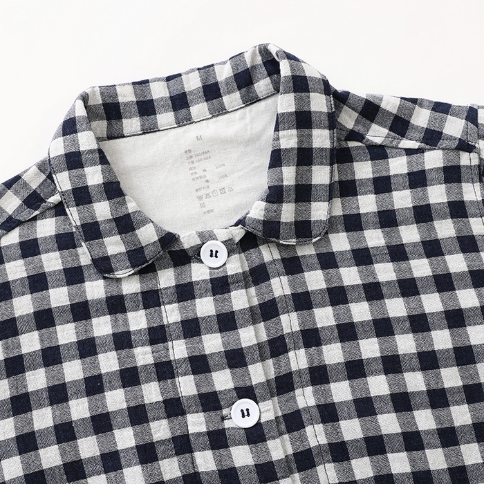 91家纺网 家纺一手货源 找家纺 伊嫚家居 2025新款日式无印风良品全棉双层纱睡衣女纯棉短袖短裤睡衣夏季纯棉短袖家居服 藏青小格女