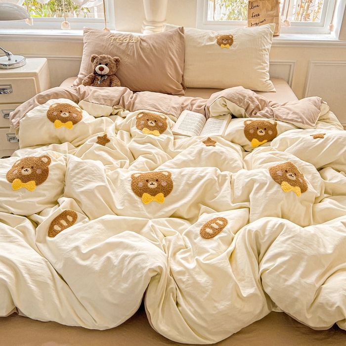 91家纺网 家纺一手货源 找家纺 海岛哥哥 2025新款云柔棉毛巾绣 四件套 毛巾绣-面包小熊