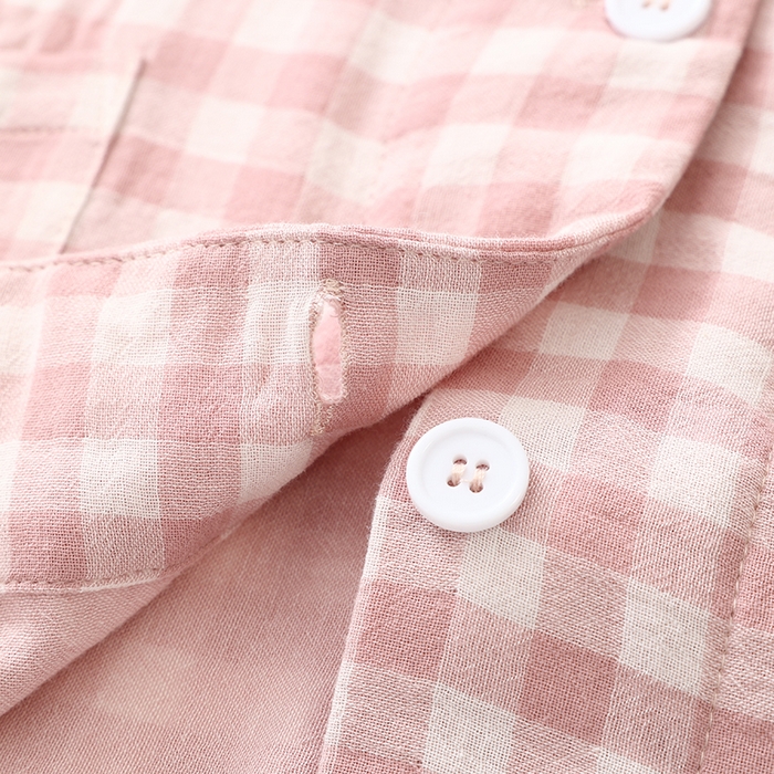 91家纺网 家纺一手货源 找家纺 伊嫚家居 2025新款日式无印风良品全棉双层纱睡衣女纯棉短袖短裤睡衣夏季纯棉短袖家居服 粉小格女