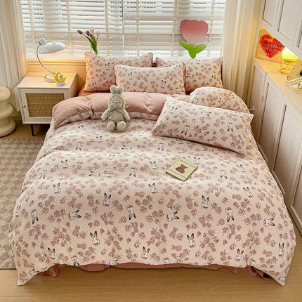 王朝国际 2025新款直播热款有氧提花有氧双层纱碎花单被套 花与兔