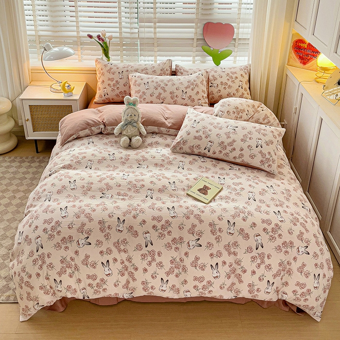 91家纺网 家纺一手货源 找家纺 王朝国际 2025新款直播热款有氧提花有氧双层纱碎花单被套 花与兔