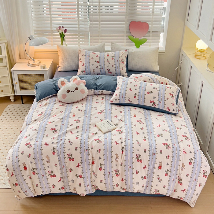 91家纺网 家纺一手货源 找家纺 王朝国际 2025新款直播热款有氧提花有氧双层纱碎花单被套 蓝颜