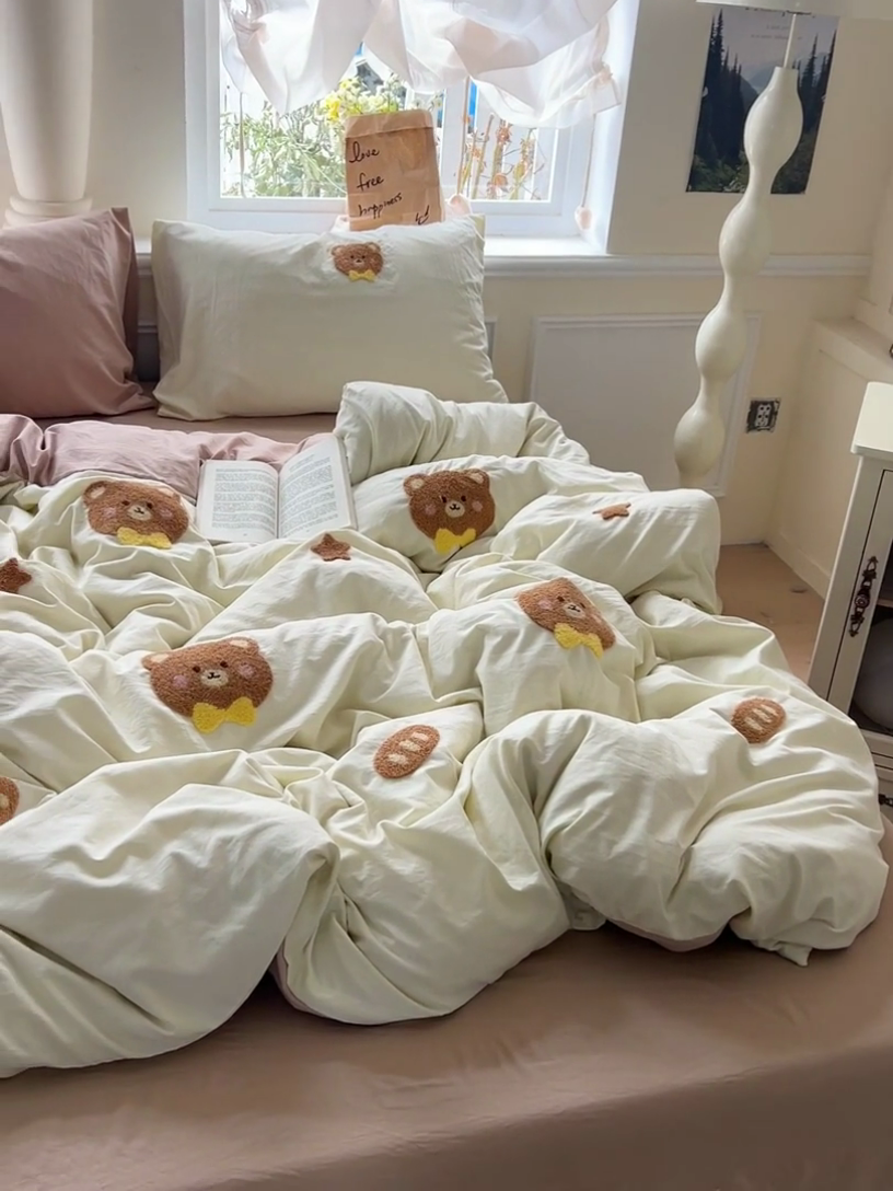 91家纺网 家纺一手货源 找家纺 海岛哥哥 2025新款云柔棉毛巾绣 四件套 毛巾绣-面包小熊