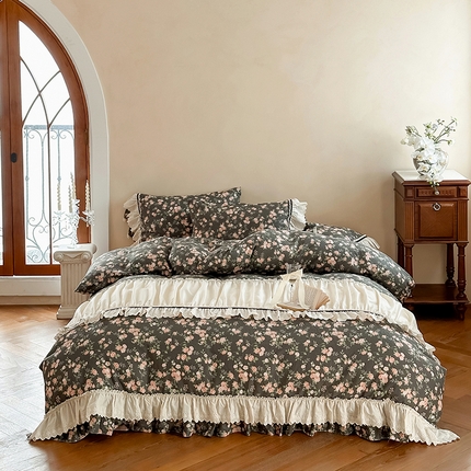 91家纺网 家纺一手货源 找家纺 （总）婳庭家居 2025新款双层纱褶皱花边款四件套