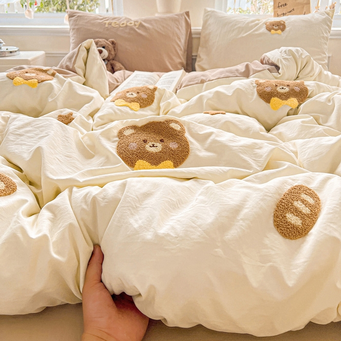 91家纺网 家纺一手货源 找家纺 海岛哥哥 2025新款云柔棉毛巾绣 四件套 毛巾绣-面包小熊