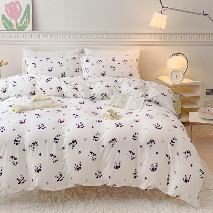 91家纺网 家纺一手货源 找家纺 伊嫚家居 新款日式新品全棉针织棉A类活性印花四件套天竺棉小碎花复古亲肤被罩床笠款套件 可爱熊猫