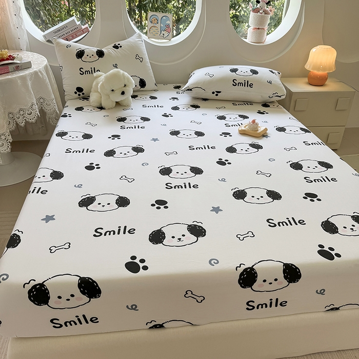 91家纺网 家纺一手货源 找家纺 十一家居 2025新款ins韩系卡通印花亲肤水洗棉床笠 微笑狗狗