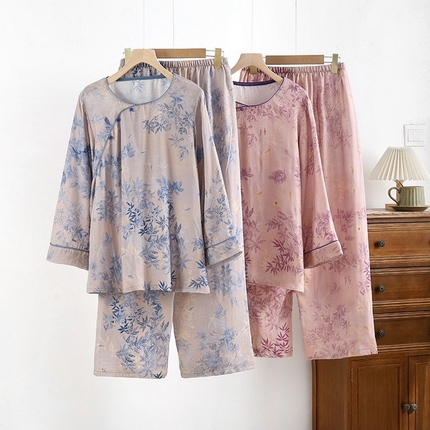 91家纺网 家纺一手货源 找家纺 （总）洛兰沙家居馆【只代发】【只代发】 2025新款国风竹纤维鸟语花香春夏女睡衣大码长袖长裤自带凉感休闲套装