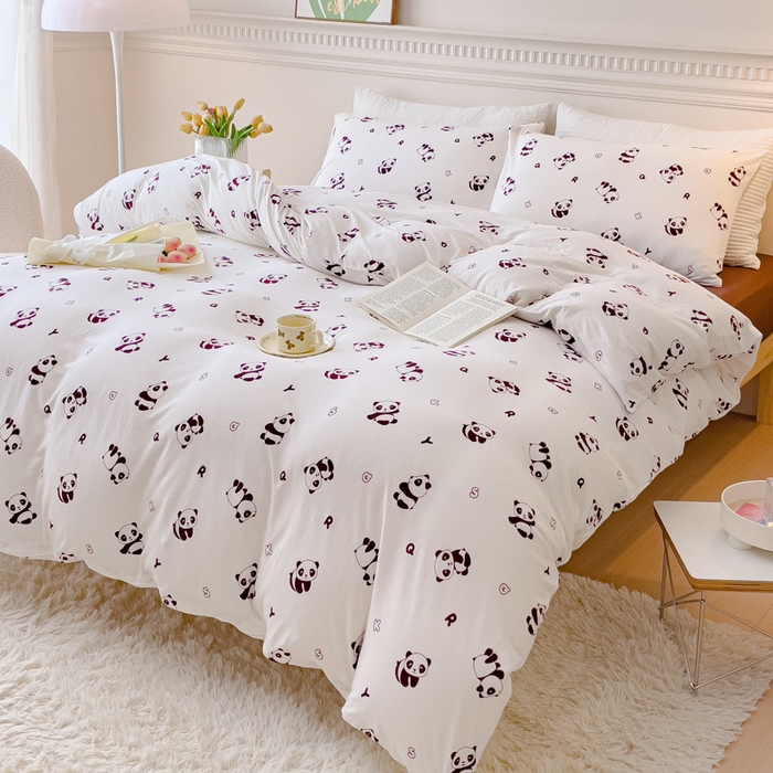91家纺网 家纺一手货源 找家纺 伊嫚家居 新款日式新品全棉针织棉A类活性印花四件套天竺棉小碎花复古亲肤被罩床笠款套件 可爱熊猫