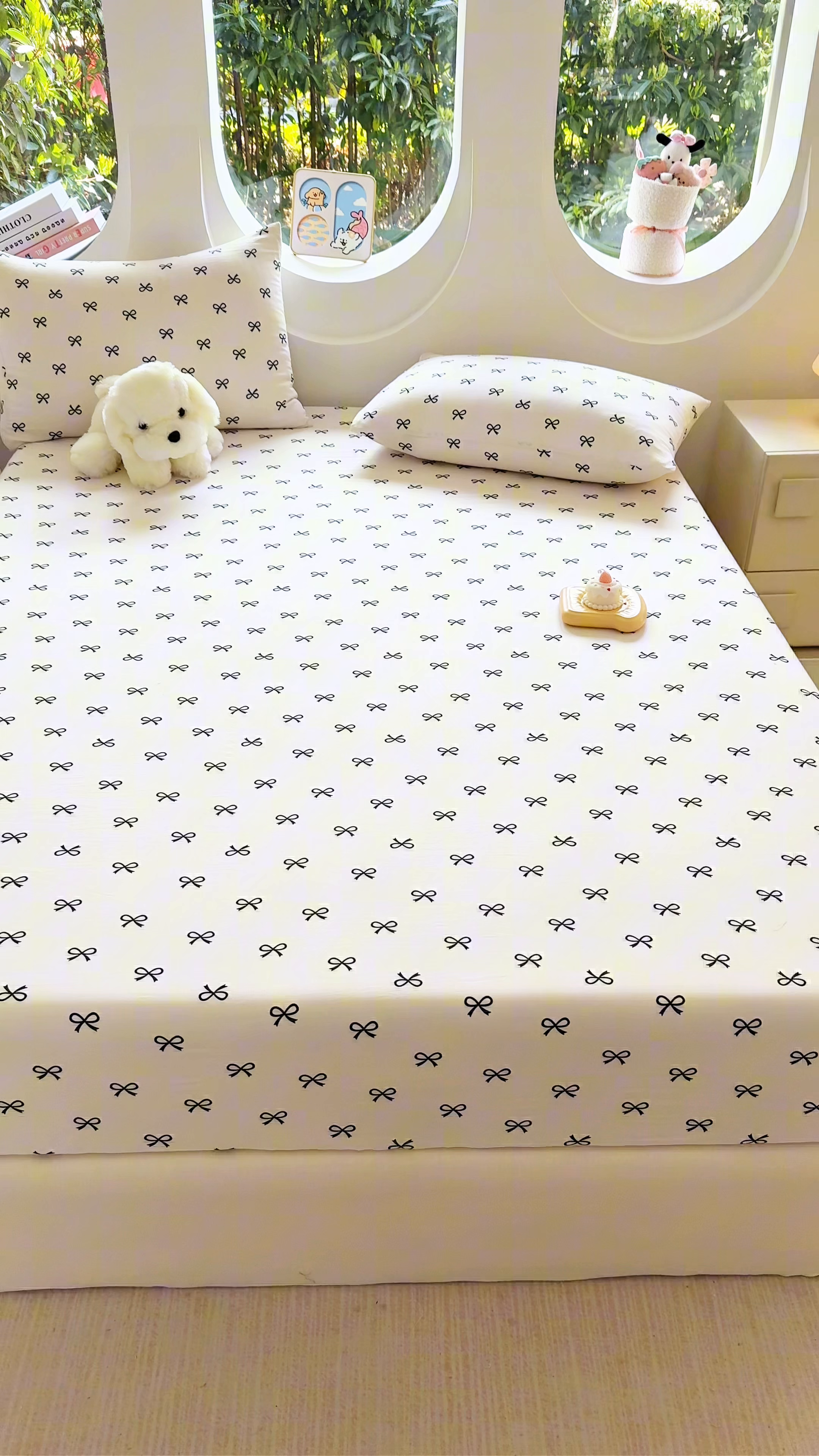 91家纺网 家纺一手货源 找家纺 十一家居 2025新款ins韩系卡通印花亲肤水洗棉床笠 黑色可颂