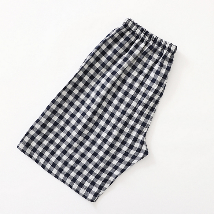 91家纺网 家纺一手货源 找家纺 伊嫚家居 2025新款日式无印风良品全棉双层纱睡衣女纯棉短袖短裤睡衣夏季纯棉短袖家居服 藏青小格女