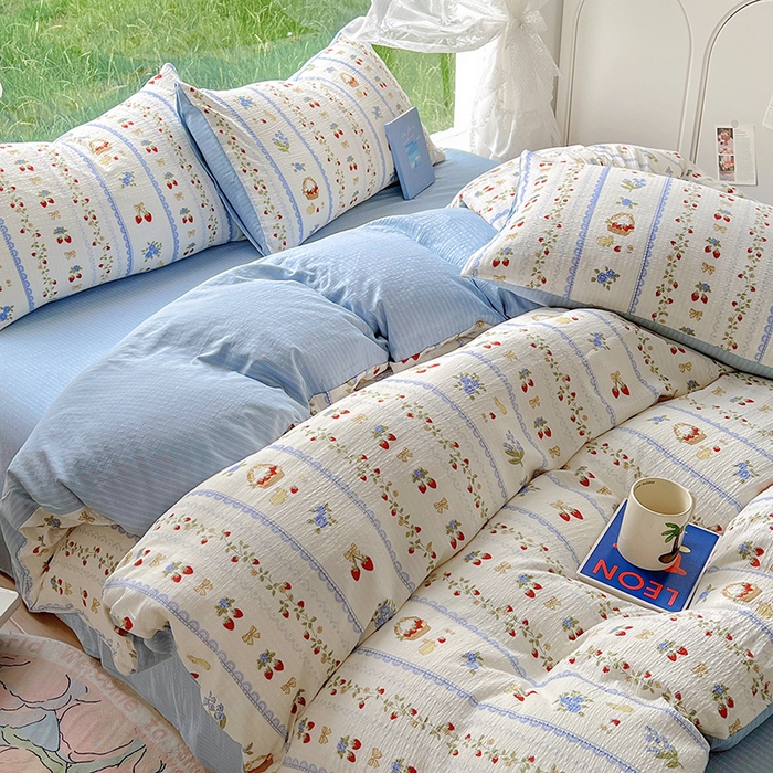 91家纺网 家纺一手货源 找家纺 王朝国际 2025新款直播热款有氧提花有氧双层纱碎花单被套 蕾丝草莓