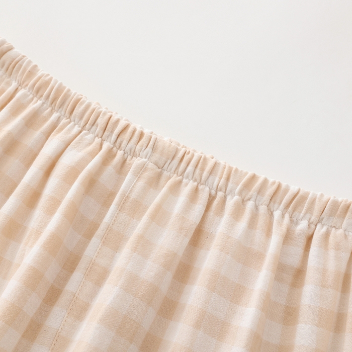 91家纺网 家纺一手货源 找家纺 伊嫚家居 2025新款日式无印风良品全棉双层纱睡衣女纯棉短袖短裤睡衣夏季纯棉短袖家居服 米色格女