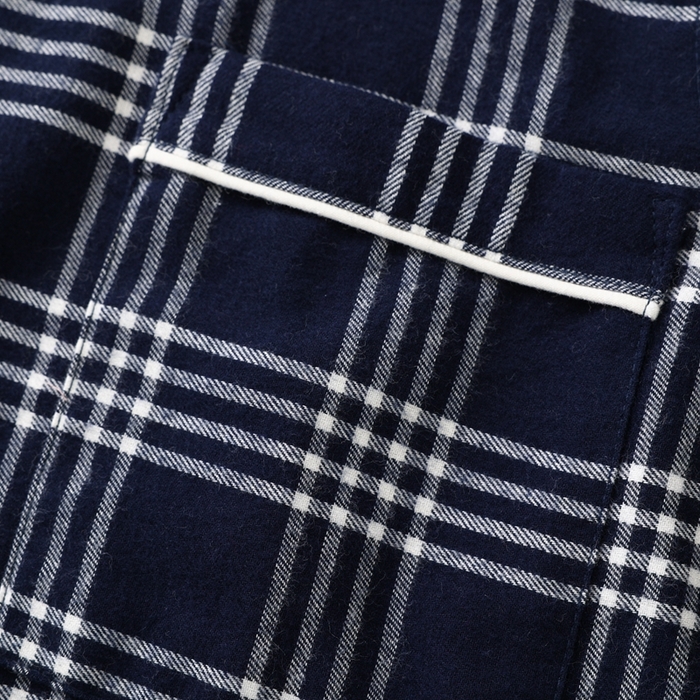 91家纺网 家纺一手货源 找家纺 伊嫚家居 2025新款无印日式双股全棉法兰绒家居服良品睡衣女纯棉直播秋冬款情侣睡衣 藏青色大格女