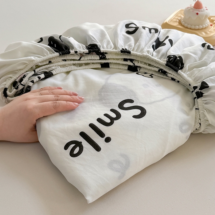 91家纺网 家纺一手货源 找家纺 十一家居 2025新款ins韩系卡通印花亲肤水洗棉床笠 微笑狗狗