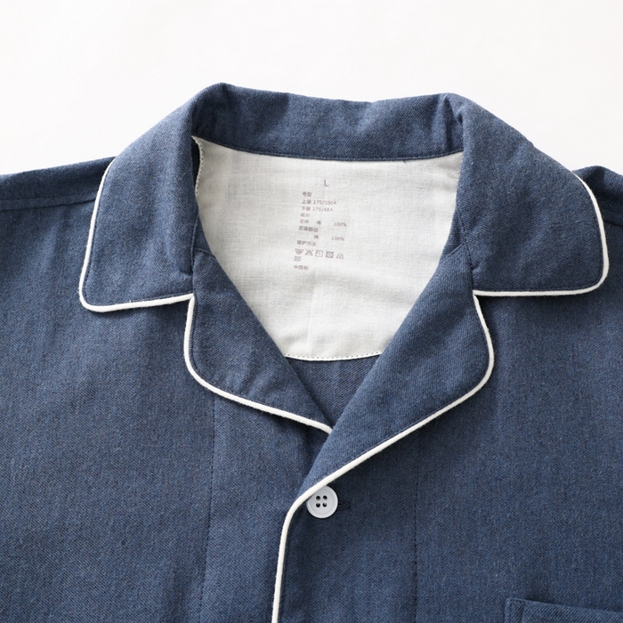 91家纺网 家纺一手货源 找家纺 伊嫚家居 2025新款无印日式双股全棉法兰绒家居服良品睡衣女纯棉直播秋冬款情侣睡衣 海军蓝纯色男