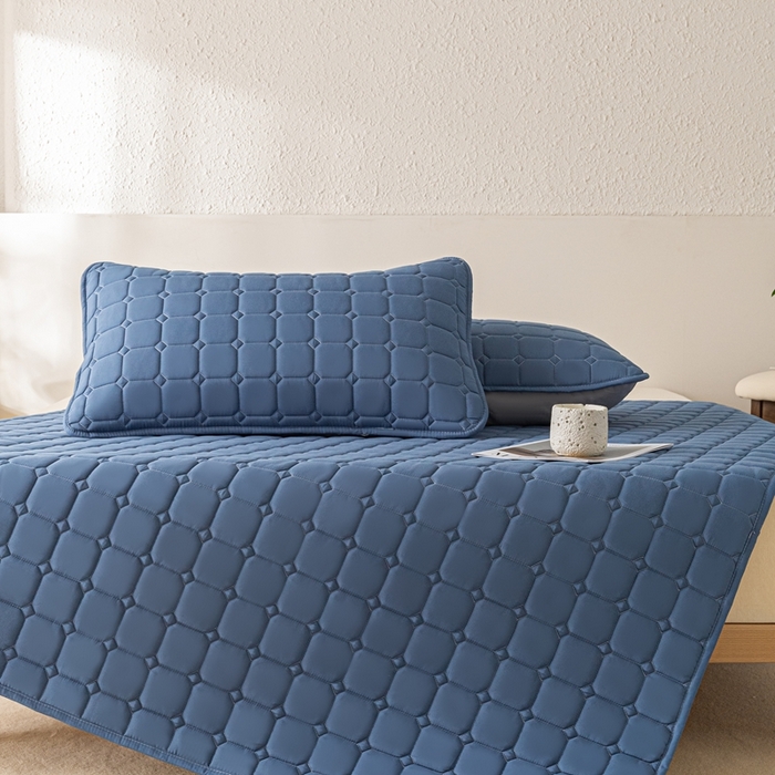 91家纺网 家纺一手货源 找家纺 欧邦 2025春夏新款四季款无印风纯色水洗棉床褥榻榻米床垫 床笠-深蓝