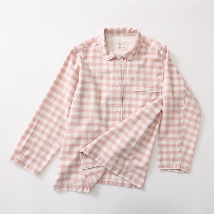 91家纺网 家纺一手货源 找家纺 伊嫚家居 2025新款无印日式双股全棉法兰绒家居服良品睡衣女纯棉直播秋冬款情侣睡衣 粉色小格