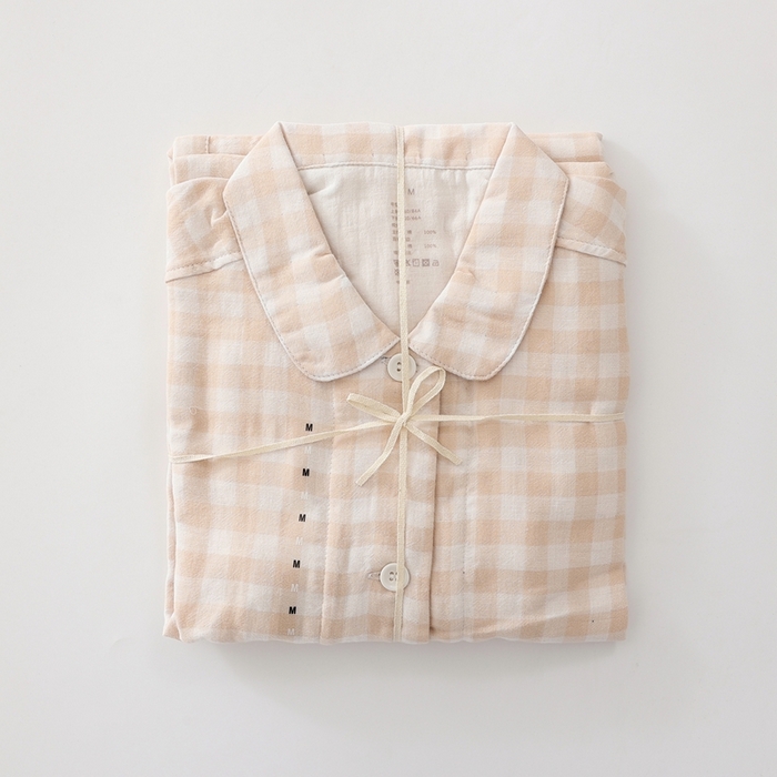 91家纺网 家纺一手货源 找家纺 伊嫚家居 2025新款日式无印风良品全棉双层纱睡衣女纯棉短袖短裤睡衣夏季纯棉短袖家居服 米色格女